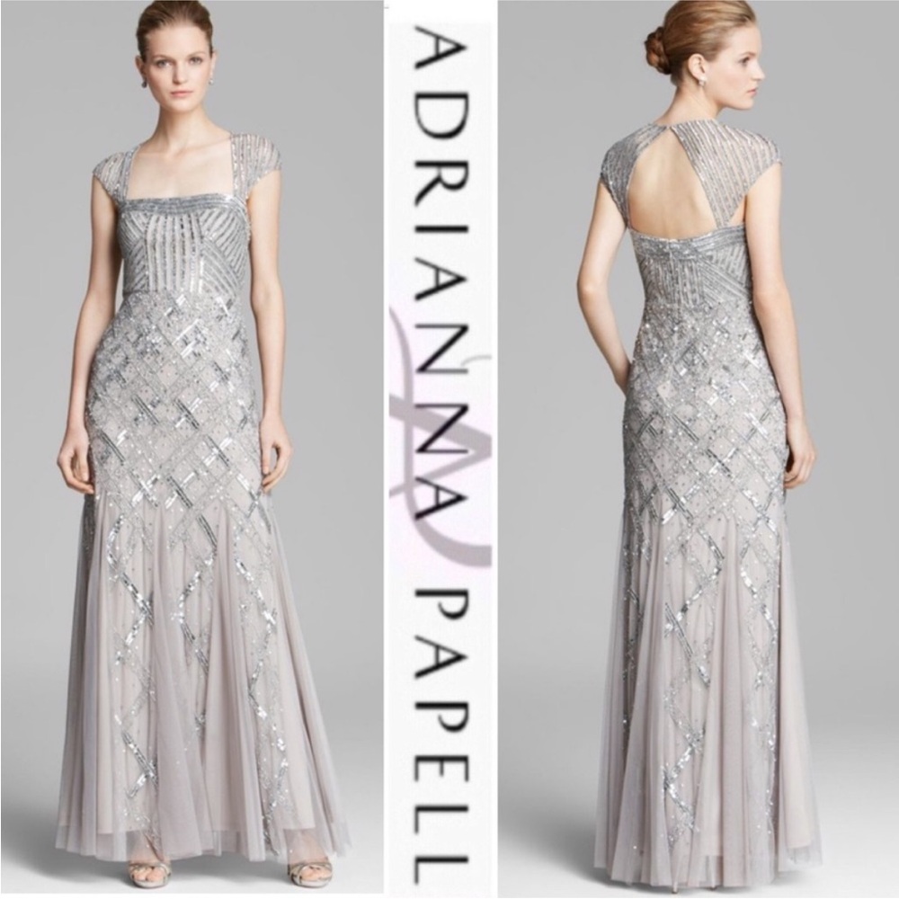 Adrianna Papell Silver Sequin Gown with Cap Sleeves